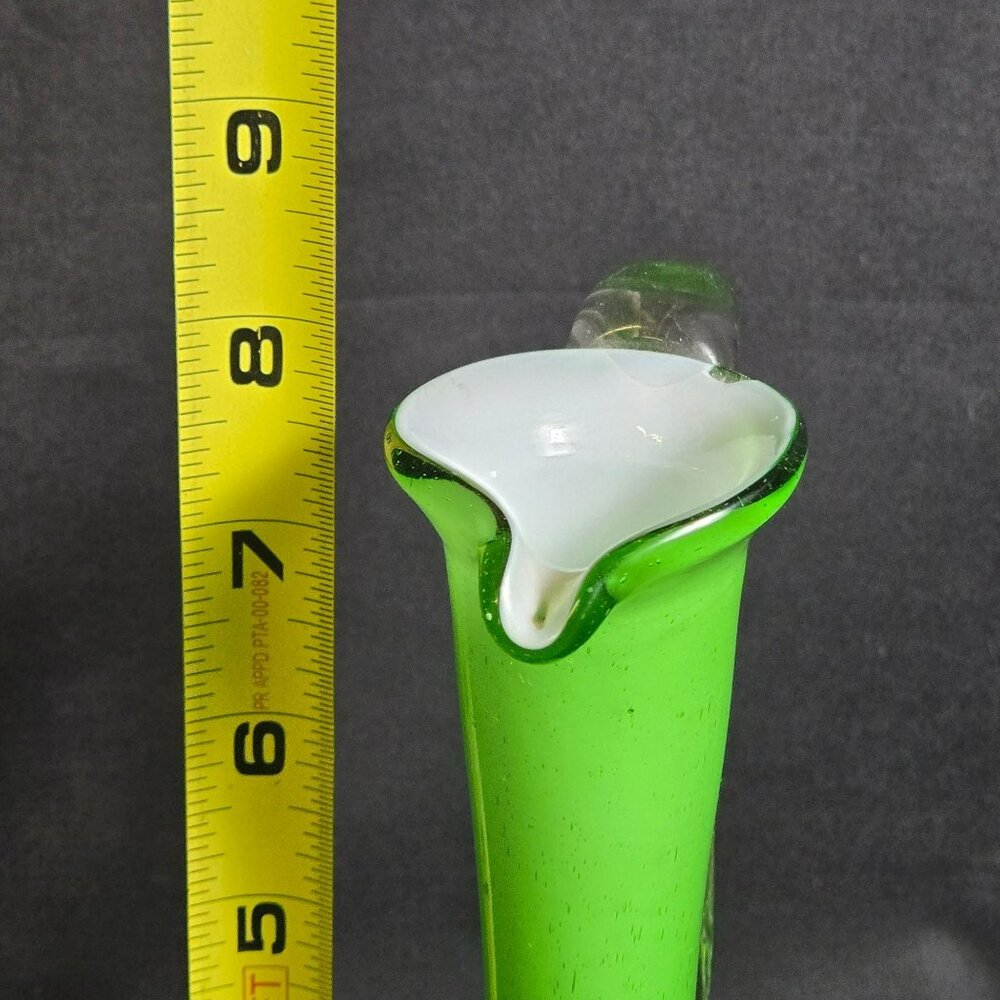 Vintage Green Art Glass Pitcher Ewer 8" Hand Blown Clear Handle Feet Mid Century - Picture 12 of 14